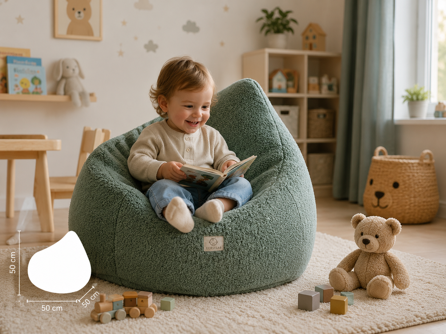 Bouclé sedací vak pre deti SOFTELLO - olivový – Obrázok 5