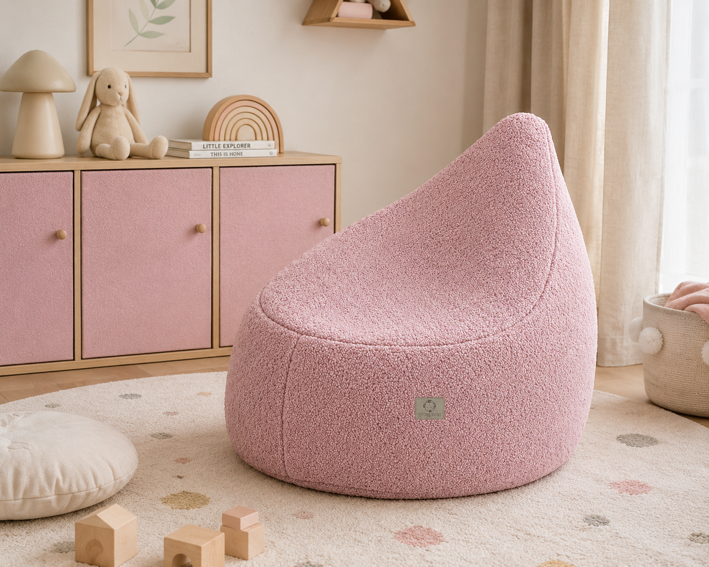 Bouclé sedací vak pre deti SOFTELLO - ružový – Obrázok 5